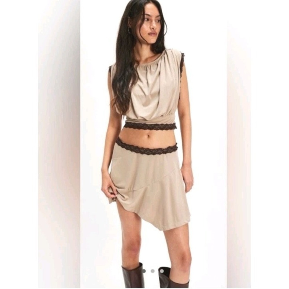 Free People 2 Piece Mini Skirt Set XL Mundet Neutral Draped Skirt And Top NWT